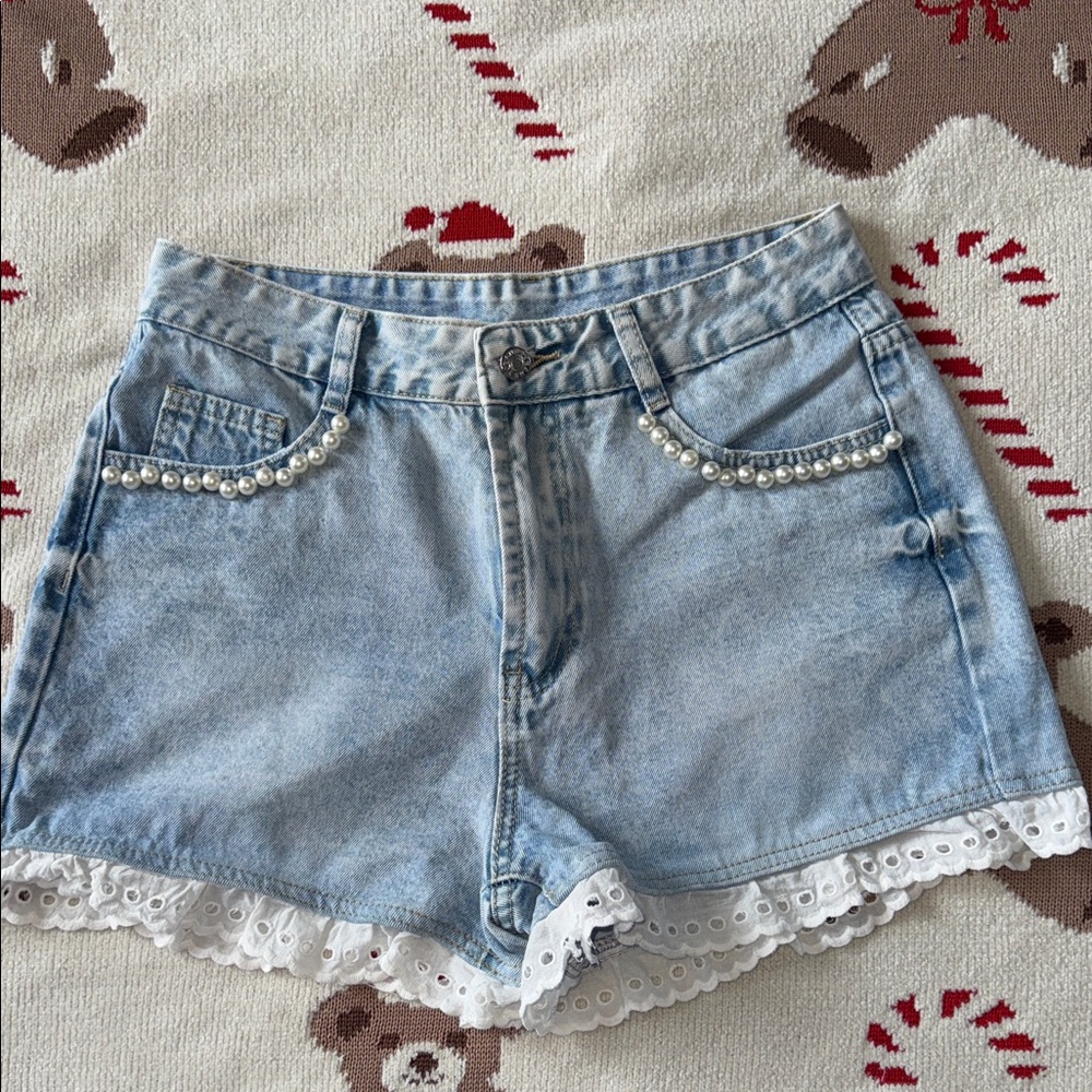 SHEIN Light Blue Denim Shorts with Pearl and Lace Trim